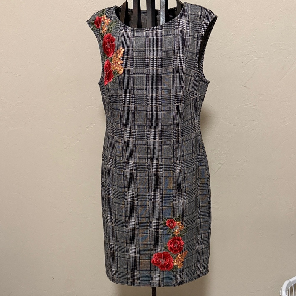 Chic Checkered Mini Dress with Red Floral Details